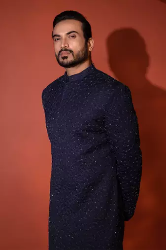 Blue mid length achkan set