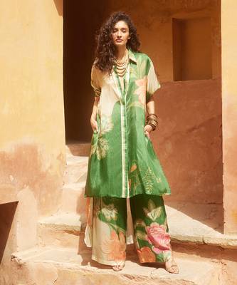 Green with multi colored silk floral printed kurta set 1