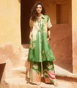 Green with multi colored silk floral printed kurta set