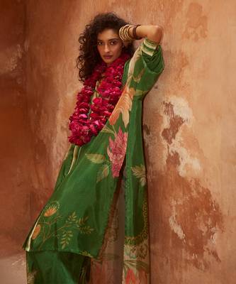 Green with multi colored silk floral printed kurta set 2