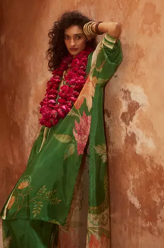 Green with multi colored silk floral printed kurta set