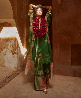 Green with multi colored silk floral printed kurta set 3