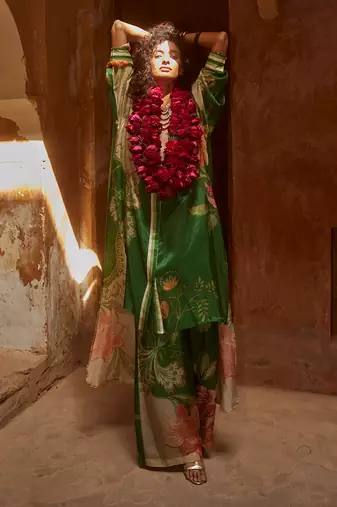 Green with multi colored silk floral printed kurta set