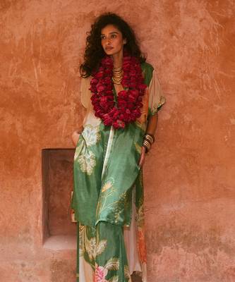Green with multi colored silk floral printed kurta set 4
