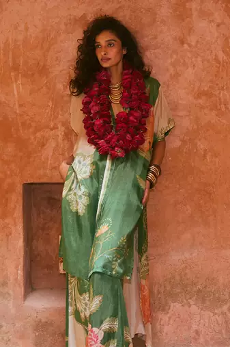 Green with multi colored silk floral printed kurta set