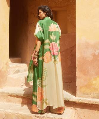 Green with multi colored silk floral printed kurta set 5