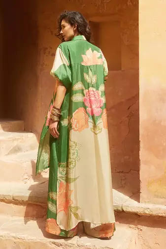 Green with multi colored silk floral printed kurta set