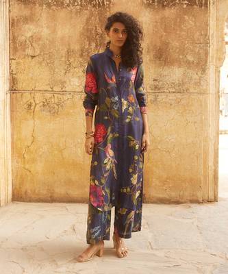 Navy Blue Silk Multicolor Floral Printed Kurta Set 1