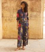 Navy Blue Silk Multicolor Floral Printed Kurta Set