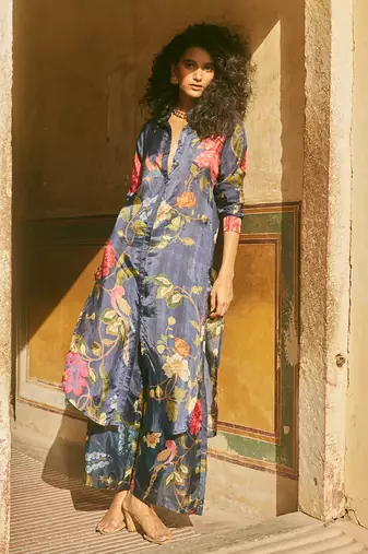 Navy Blue Silk Multicolor Floral Printed Kurta Set