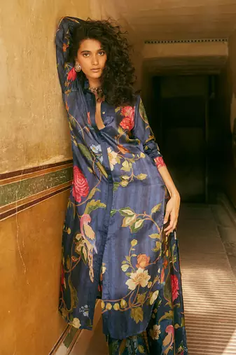 Navy Blue Silk Multicolor Floral Printed Kurta Set
