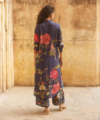 Navy Blue Silk Multicolor Floral Printed Kurta Set 4