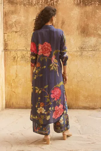 Navy Blue Silk Multicolor Floral Printed Kurta Set