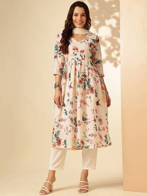 White Digital Print Cotton Rayon Fabric Straight Kurta Pant and Dupatta Set 1