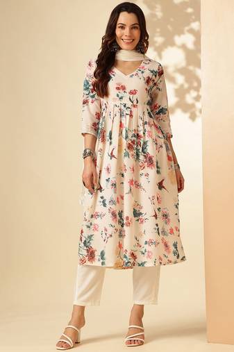 White Digital Print Cotton Rayon Fabric Straight Kurta Pant and Dupatta Set