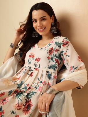 White Digital Print Cotton Rayon Fabric Straight Kurta Pant and Dupatta Set 4