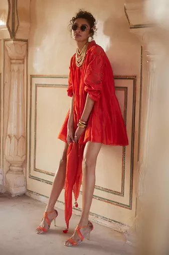 Orange dress silk organza embroidered sleeves floral with scarf