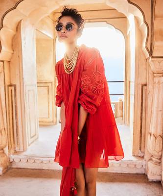 Orange dress silk organza embroidered sleeves floral with scarf 3