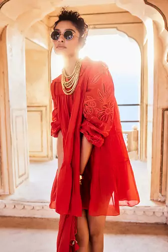 Orange dress silk organza embroidered sleeves floral with scarf