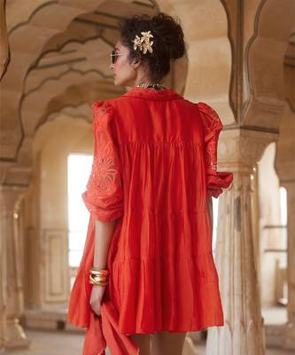 Orange dress silk organza embroidered sleeves floral with scarf 4