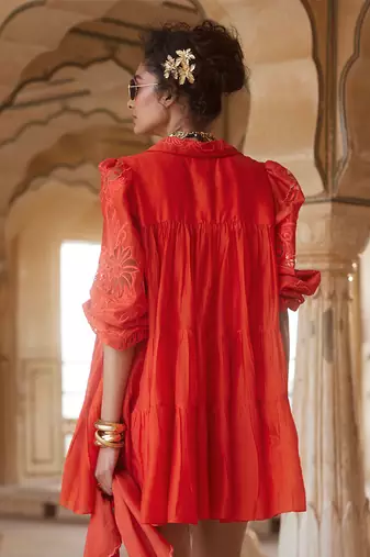 Orange dress silk organza embroidered sleeves floral with scarf