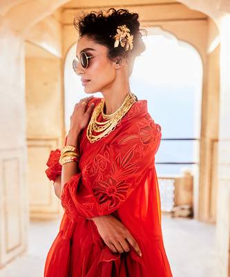 Orange dress silk organza embroidered sleeves floral with scarf 5