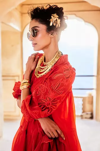 Orange dress silk organza embroidered sleeves floral with scarf