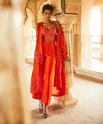 Orange silk organza embroidery floral jacket long pant set 1