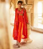 Orange silk organza embroidery floral jacket long pant set