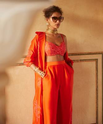Orange silk organza embroidery floral jacket long pant set 2