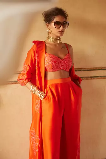 Orange silk organza embroidery floral jacket long pant set
