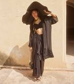 Black silk organza embroidered jacket floral jacket tonal skirt set