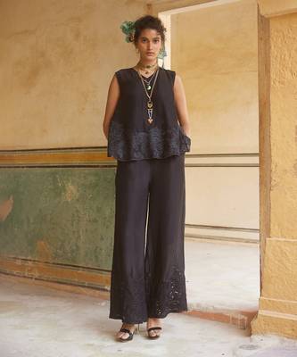 Black silk organza embroidery floral v neck tonal cami top with trouser 1