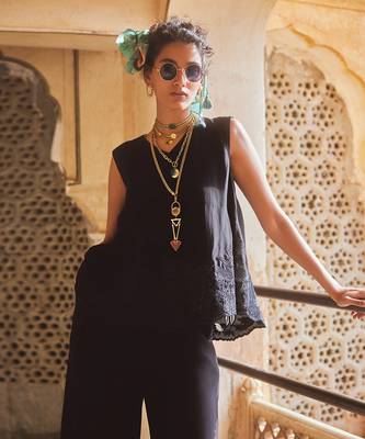 Black silk organza embroidery floral v neck tonal cami top with trouser 2