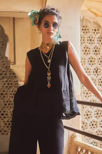 Black silk organza embroidery floral v neck tonal cami top with trouser
