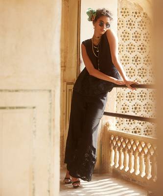 Black silk organza embroidery floral v neck tonal cami top with trouser 3
