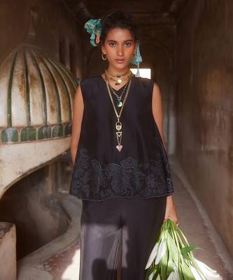 Black silk organza embroidery floral v neck tonal cami top with trouser 4