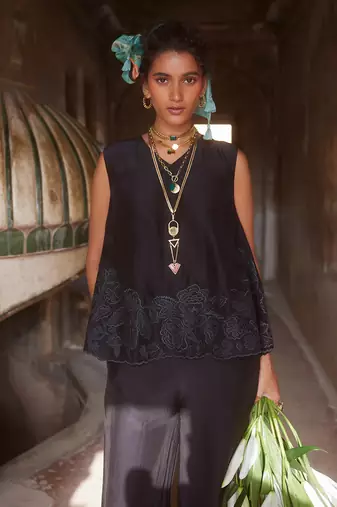 Black silk organza embroidery floral v neck tonal cami top with trouser
