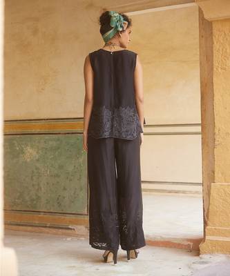 Black silk organza embroidery floral v neck tonal cami top with trouser 5