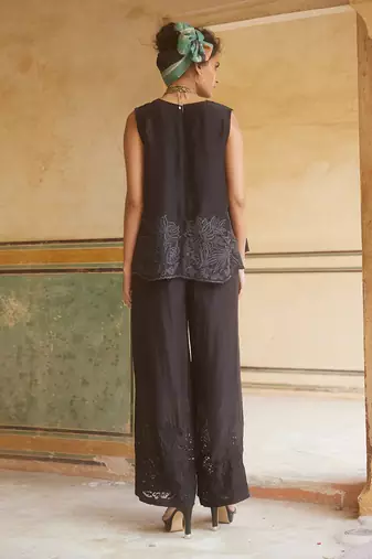 Black silk organza embroidery floral v neck tonal cami top with trouser