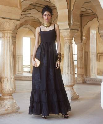 Black silk organza embroidery floral square neck cutwork maxi dress 1
