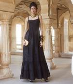 Black silk organza embroidery floral square neck cutwork maxi dress