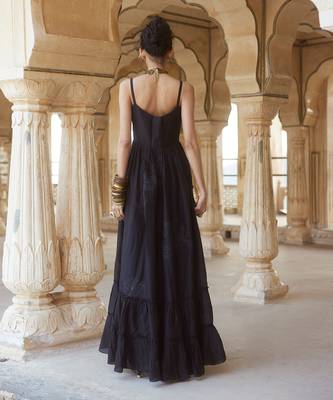 Black silk organza embroidery floral square neck cutwork maxi dress 2