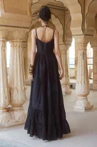 Black silk organza embroidery floral square neck cutwork maxi dress