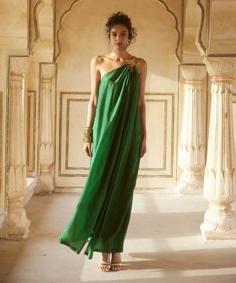 Emerald green habutai silk one-shoulder maxi dress 1