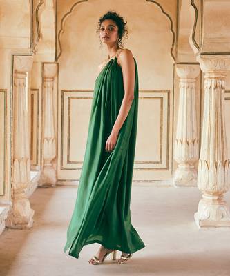 Emerald green habutai silk one-shoulder maxi dress 2