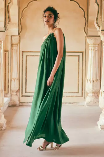 Emerald green habutai silk one-shoulder maxi dress