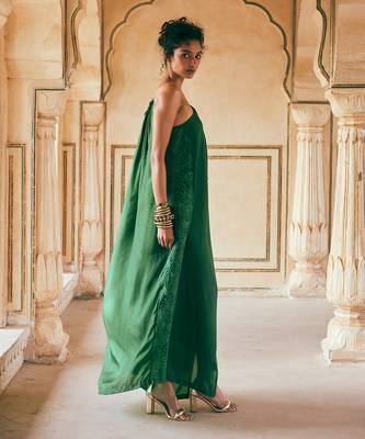 Emerald green habutai silk one-shoulder maxi dress 3