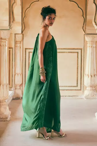Emerald green habutai silk one-shoulder maxi dress