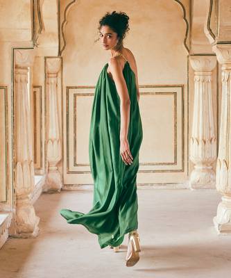 Emerald green habutai silk one-shoulder maxi dress 4
